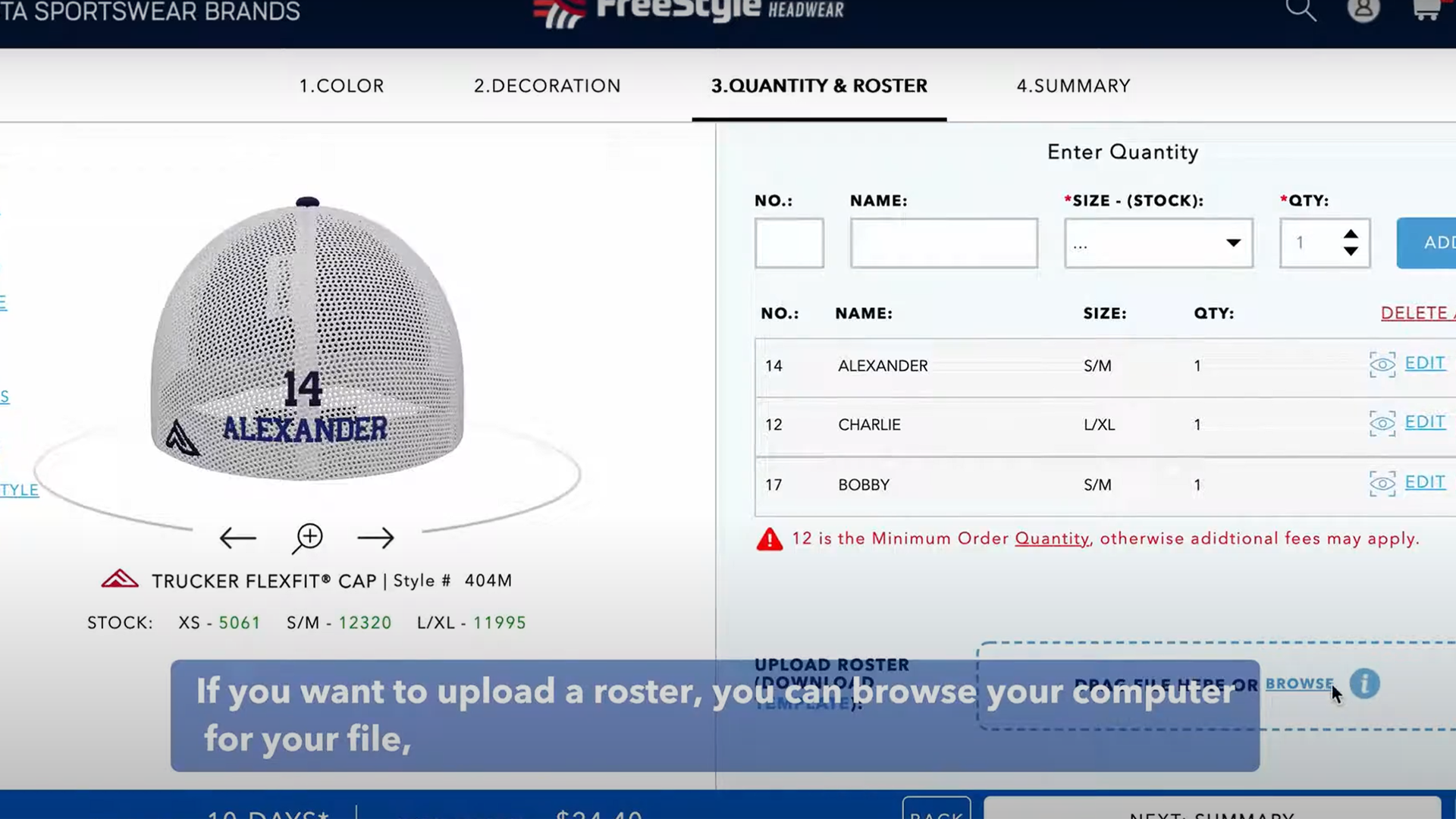 FreeStyle Headwear Video Tutorial Series - Step 3: Quantity and Roster