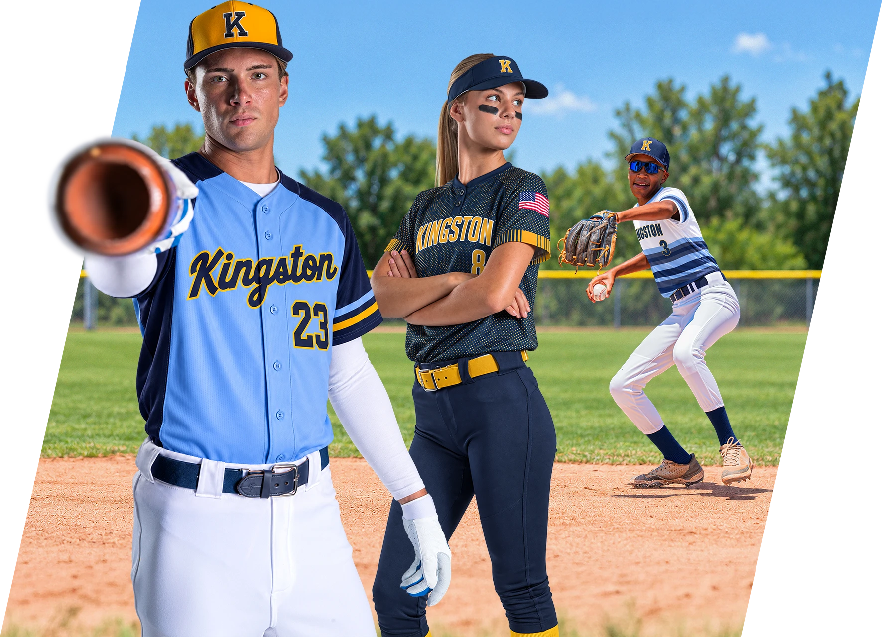 Several athletes wearing custom branded baseball uniforms.