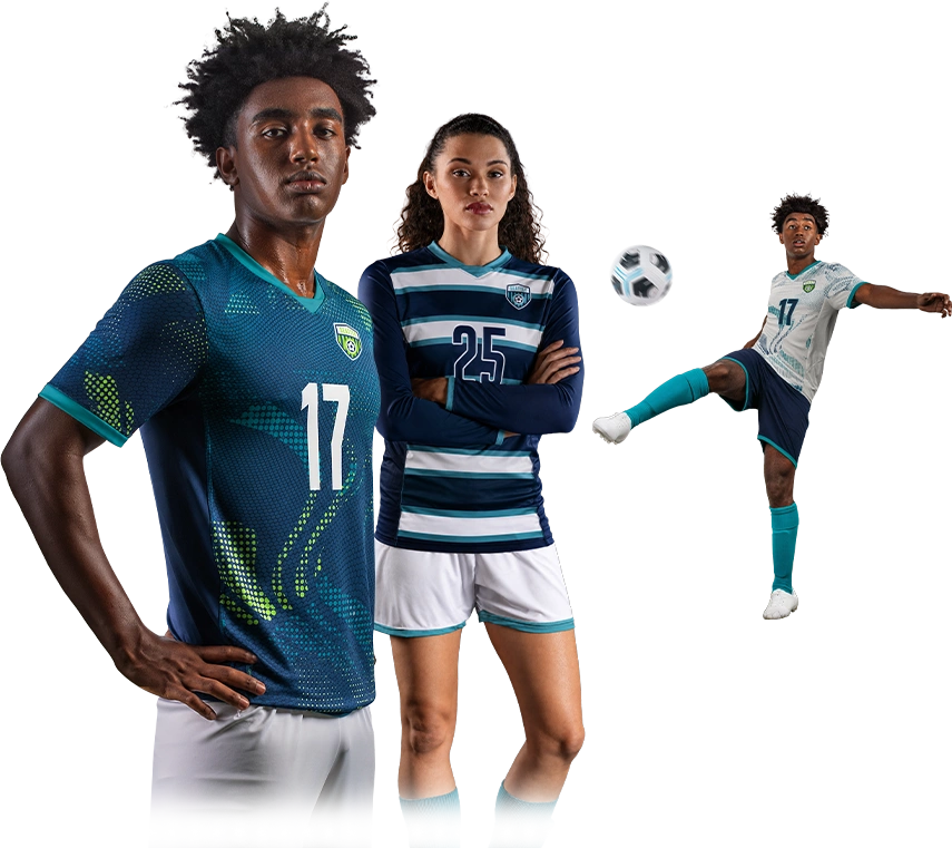 Various people wearing custom branded soccer jerseys, shorts, and a person who is shown to be wearing shinguards.