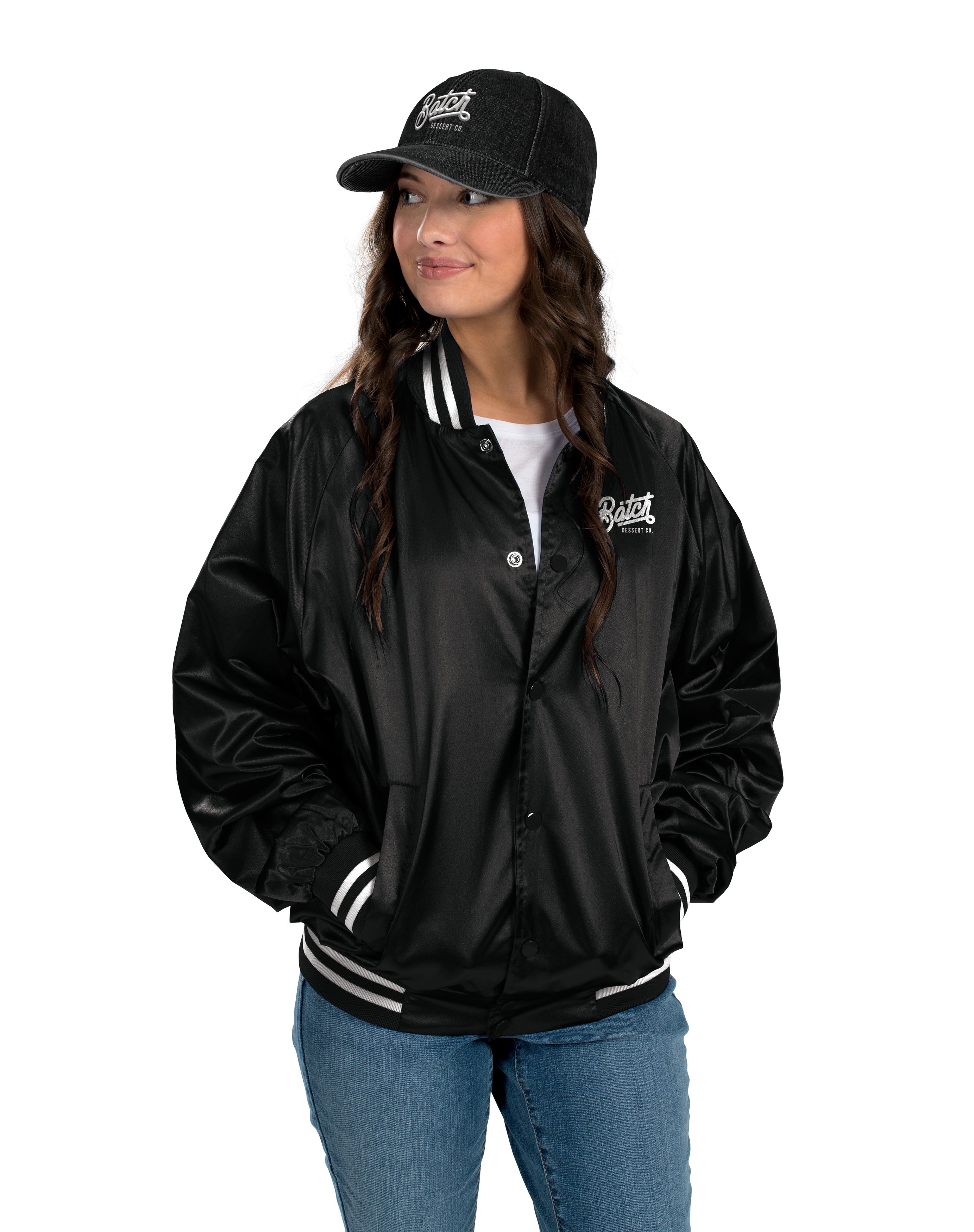 Satin Baseball Jacket/Striped Trim
